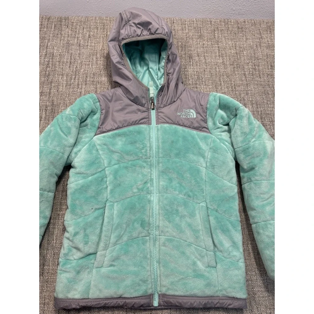 North Face Jacket Girls XL‎ Green Fuzzy Reversible Hooded Colorblock Windbreaker